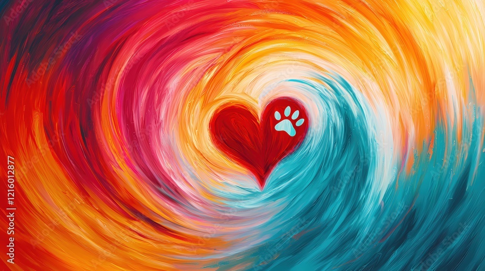Poster abstract painting with swirling colors and a red heart with a blue paw print in the center