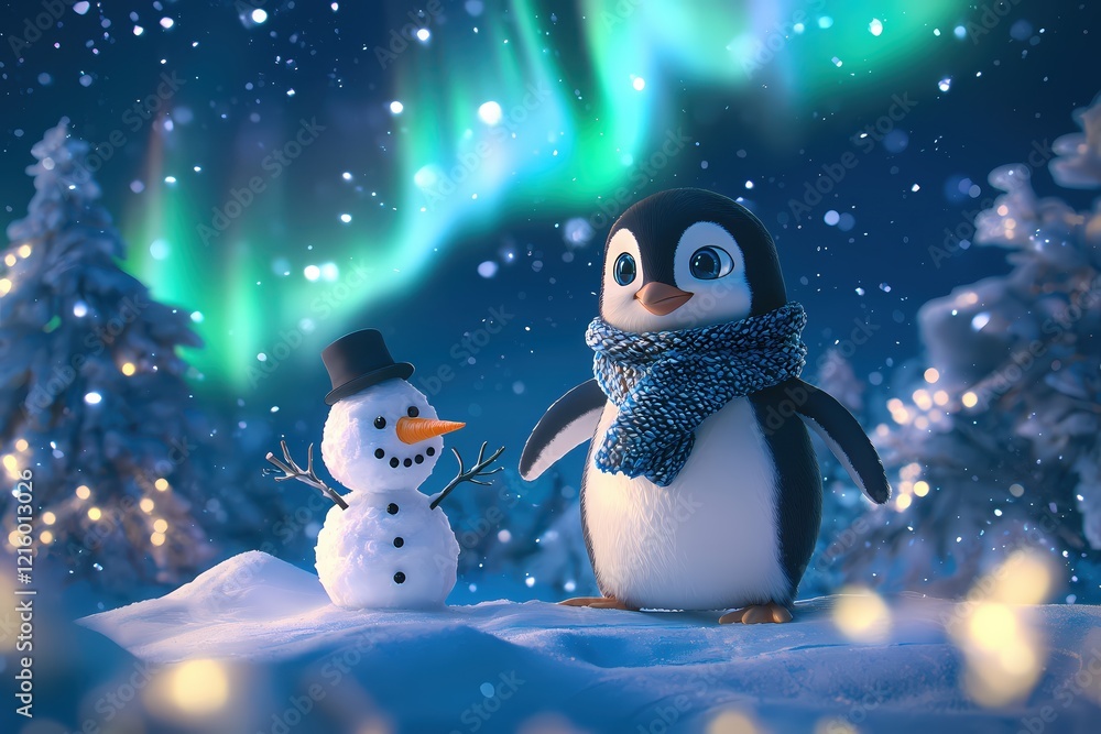 Poster winter scene with penguin and snowman under aurora borealis in a snowy forest night