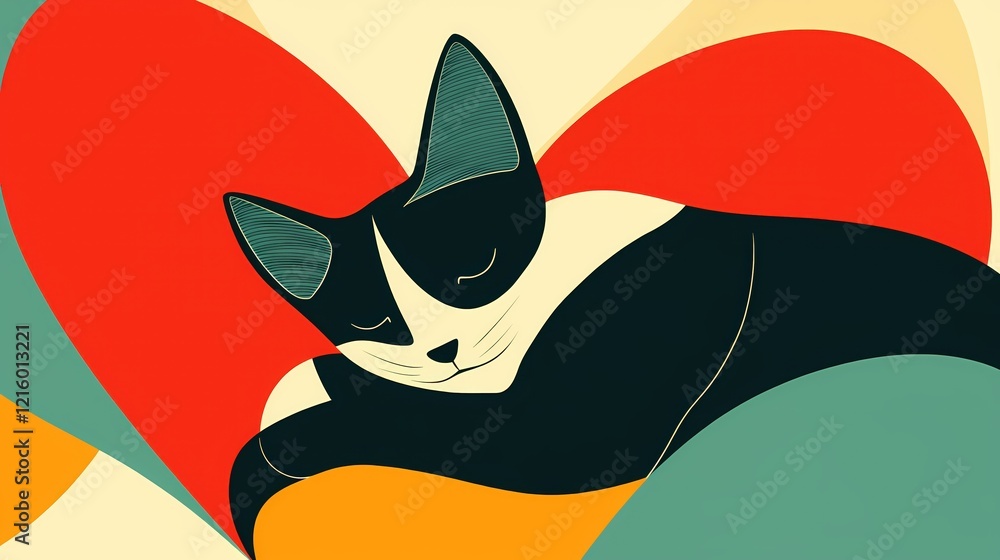 Poster sleeping cat art with bold colors and minimal design in a retro style illustration