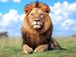 Obraz premium Majestic Lion Resting on Grass Field under a Blue Sky with White Clouds in the Background