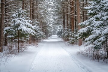A snowy path through an evergreen forest, where the snow-covered trees and silent woods create a peaceful and magical winter walk.