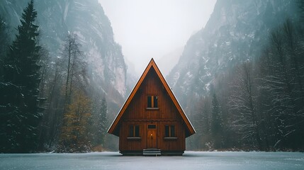 Secluded Wooden Cabin in Snowy Mountain Valley Winter Landscape