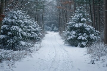 Obraz premium A snowy path through an evergreen forest, where the snow-covered trees and silent woods create a peaceful and magical winter walk.