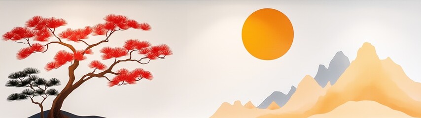 Stylized Landscape with Red and Black Trees, Golden Sun, and Mountain Range