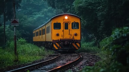 Obraz premium Vintage yellow train traveling through lush green forest on a moody misty day, capturing the essence of nostalgia and adventure in nature's embrace.