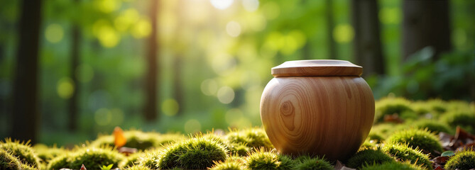 Wooden human funeral urn on mossy ground in a serene forest