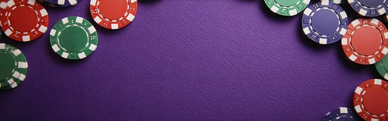 Naklejka premium A purple felt surface with poker chips scattered around the outside edge of the frame. On a dark purple background. This could be used for an online casino website banner