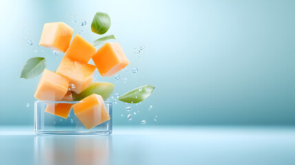 Sweet fresh mango cut in cubes falling on turquoise background