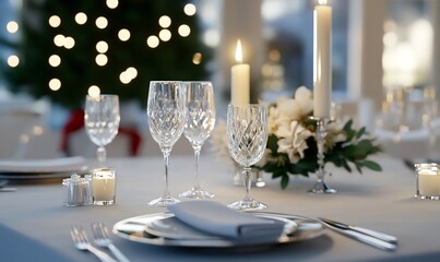 Festive dinner table setting, elegant glassware, Christmas lights background; holiday card