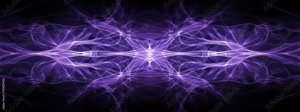 Poster intertwined purple light patterns, glowing beams creating intricate designs on a dark gradient backd