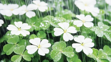 White Flowers Rain Shower Green Clover Leaves
