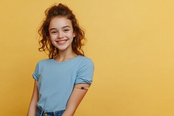 Photo of a happy, smiling young teenage girl with healthy, glowing skin, wearing a blue t-shirt and jeans
