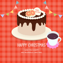 Christmas party. Warm drink and chocolate cake illustration to celebrate Christmas. Vector illustration design.