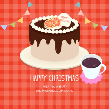 Christmas party. Warm drink and chocolate cake illustration to celebrate Christmas. Vector illustration design.