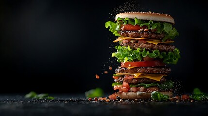Giant burger, stacked high, dark background, food photography, restaurant menu