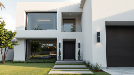 Modern White House Exterior: Luxury Contemporary Architecture Design.  Stunning Home with sleek lines and expansive windows.  Perfect for real estate listings and architectural inspiration.