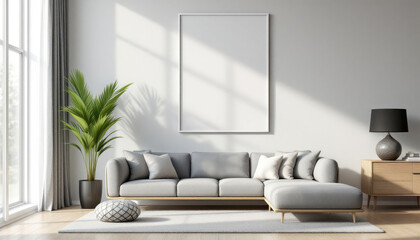 a gray sectional sofa with a white ottoman, a black lamp, a large potted palm plant, and a blank white picture frame on the wall. Cozy modern living room with photo frame design
