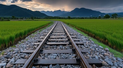 Serene Railway Tracks Cutting Through Lush Green Rice Fields Under Dramatic Sky with Mountains in the Background During the Golden Hour of Sunset