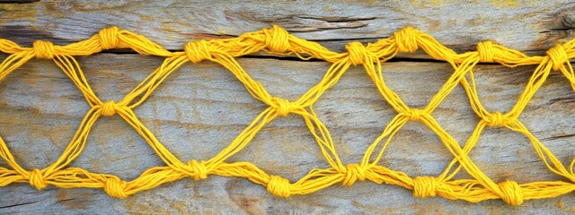 Cheerful Yellow Mesh Tangle, vibrant texture on rustic wood, evoking warmth and playfulness in design.