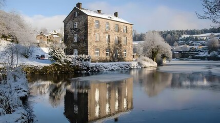 Obraz premium Picturesque Stone House by Frozen River in Winter Wonderland Snow Covered Landscape
