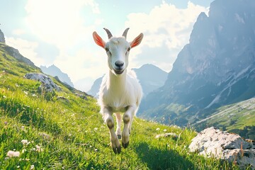 Obraz premium Energetic Goat Running Through Lush Mountain Meadow Under Bright Sky in Summer Sunlight