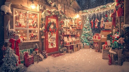 Fototapeta premium Magical Snowy Christmas Shop Exterior at Night Festive Decor Gifts