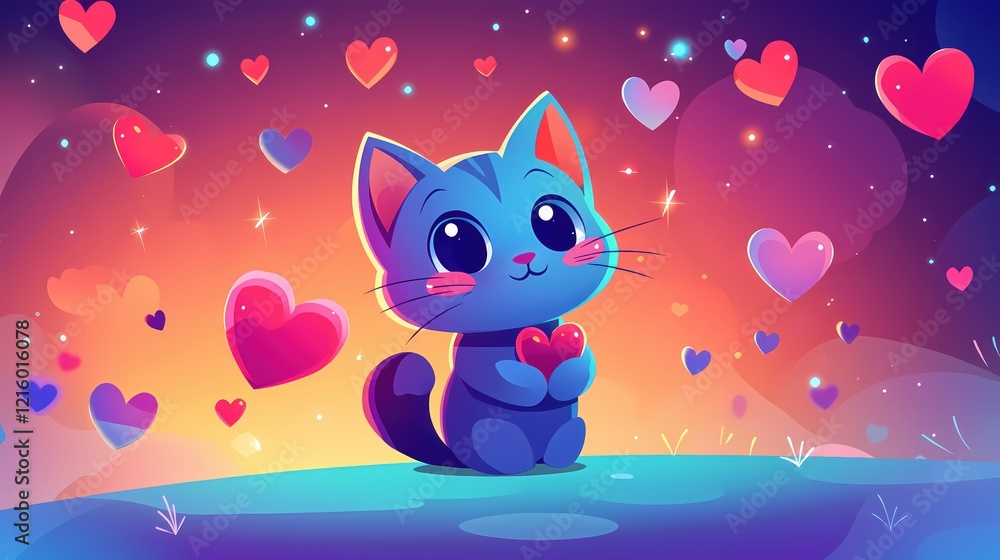 Poster blue cat holding heart with floating hearts and stars on a colorful gradient background