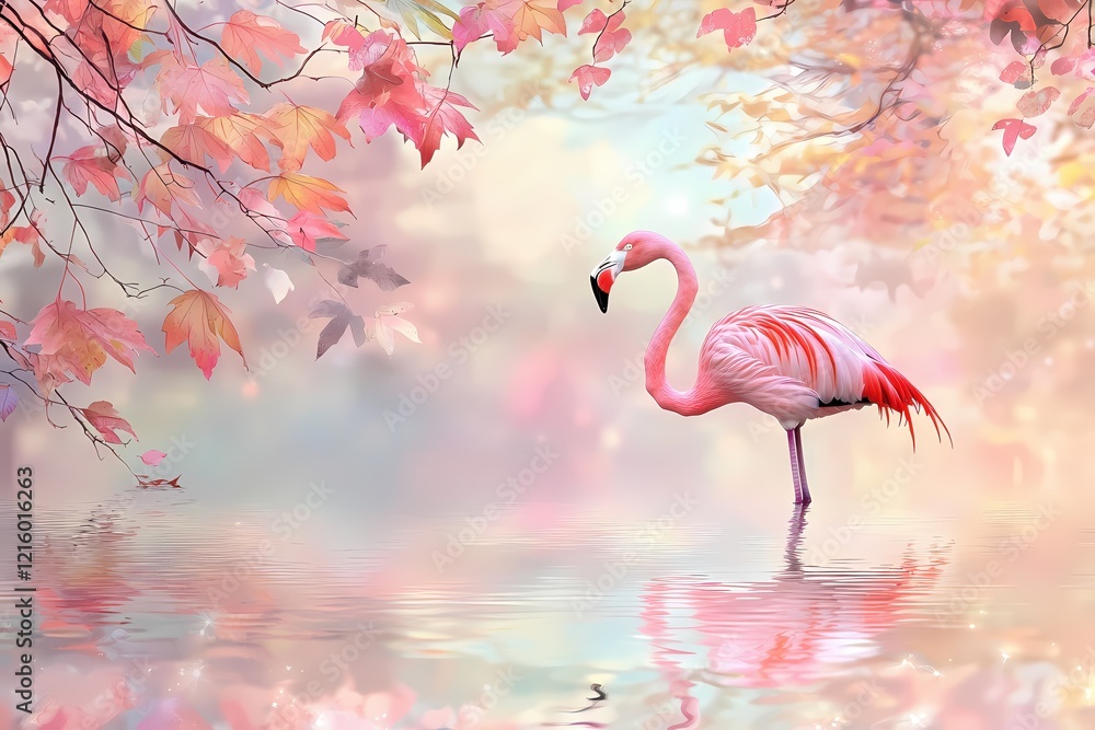Poster pink flamingo standing in shallow water with autumn leaves and soft light creating a dreamy scene