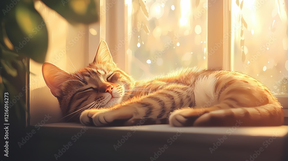 Poster golden hour cat resting on window sill with soft light and plant in background