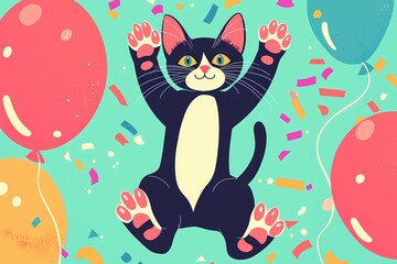 Black cat with raised paws surrounded by colorful balloons and confetti on teal background