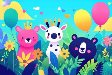 Fototapeta premium Cute Animals with Balloons and Crowns in a Colorful Garden Illustration for Kids