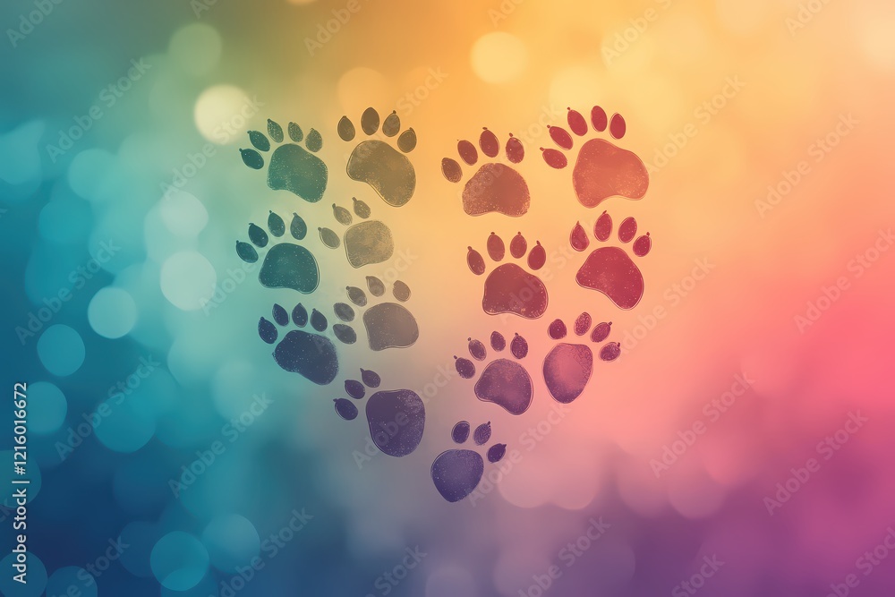 Poster paw prints forming heart shape on gradient background with soft bokeh effect in vibrant colors