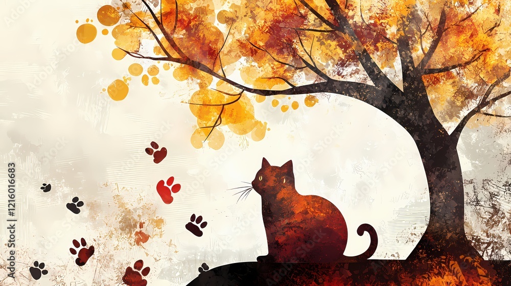 Poster artistic cat silhouette under a tree with falling autumn leaves and paw prints on a light background