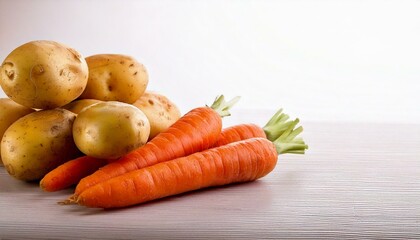 potatoes and carrots on the table, white background, copy space
