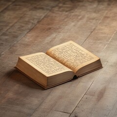 Obraz premium Open Antique Book with Intricate Design on Wooden Surface