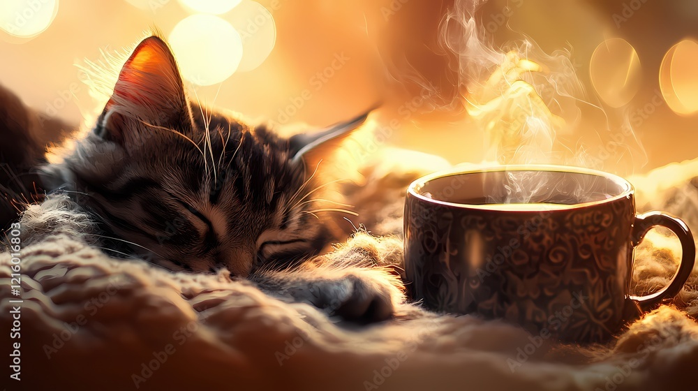 Poster kitten sleeping near a steaming cup of coffee in a warm and cozy setting with bokeh background