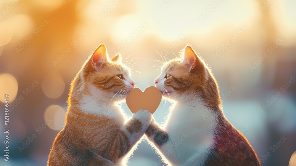 Poster two cats holding heart shaped object in warm light with bokeh background soft focus