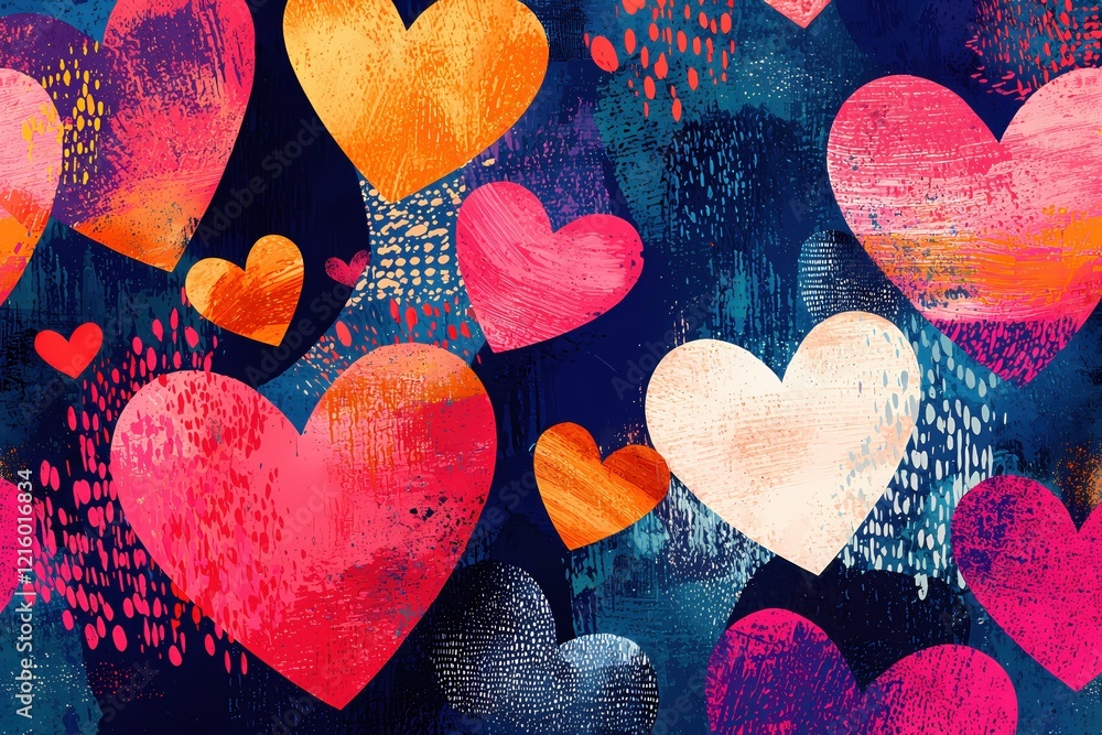 Poster abstract hearts pattern with textured brush strokes in vibrant colors against dark background