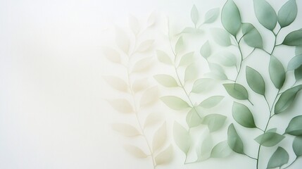 Soft, pastel green leaves arranged on white background.