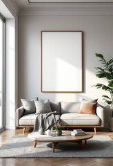 a gray sofa with a gray throw blanket, a wooden coffee table, and a large picture frame on the wall above the sofa. Cozy modern living room with photo frame design