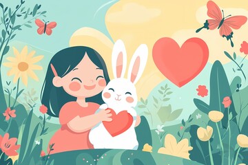Girl hugging rabbit with heart in a garden with butterflies and flowers in a flat style