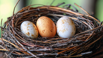 Obraz premium Three Speckled Bird Eggs in a Rustic Nest: A Close-Up View of Nature's Beauty