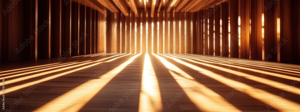 Poster warm rustic symmetry, flowing brown beams of light create inviting patterns, enhancing a cozy atmosp