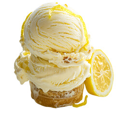 Lemon ice cream scoops in cone, studio shot, dessert
