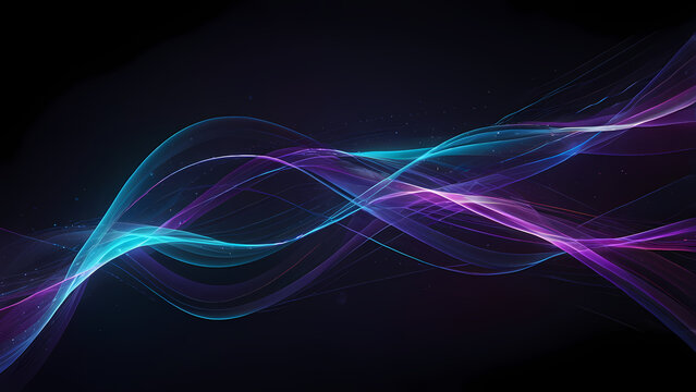 A futuristic abstract background featuring flowing lines of light in vibrant colors, such as blue, purple, and white, intertwining against a dark gradient background