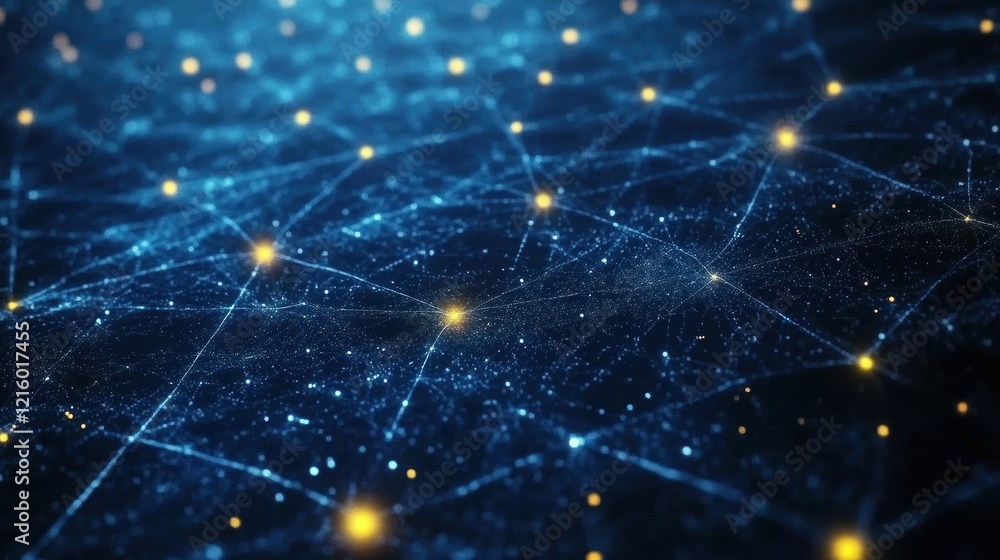 Poster digital network glowing nodes blue lines dark background abstract design