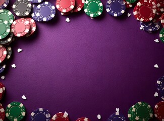 A purple felt surface with poker chips scattered around the outside edge of the frame. On a dark purple background. This could be used for an online casino website banner
