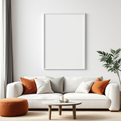 a white sofa with orange and gray throw pillows, a round coffee table, and a potted plant. Cozy modern living room with photo frame design