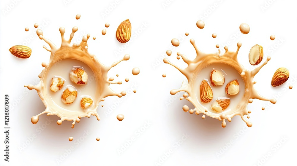 Poster milk splashes with almonds create dynamic shapes generative ai