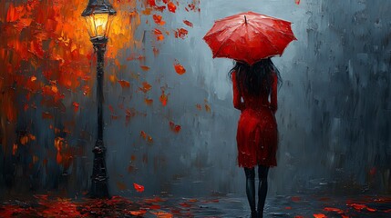 Woman, red dress, autumn, rain, street, umbrella, lamp, leaves, city, romance